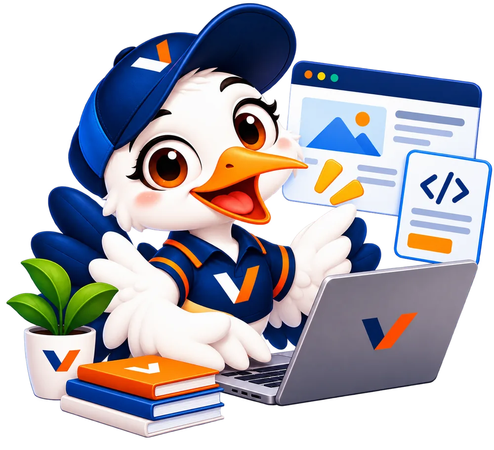 Mascota de VANYS trabajando en una laptop con ventanas de diseño web y código