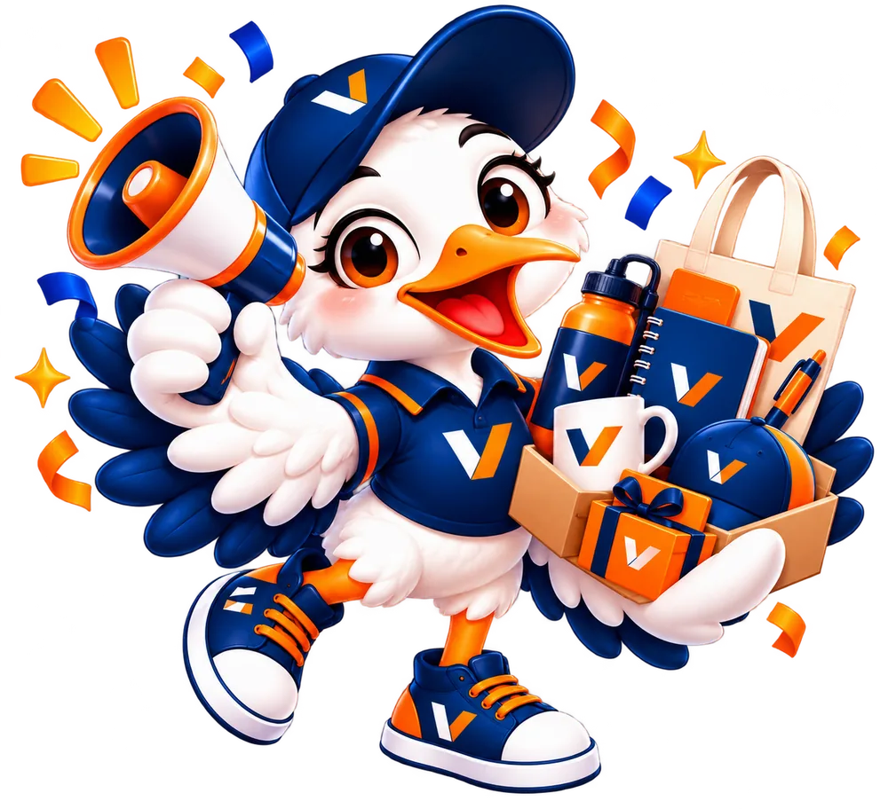 Mascota de VANYS con megáfono y una caja de regalo con tomatodo, taza, libreta, gorra y lapicero personalizados